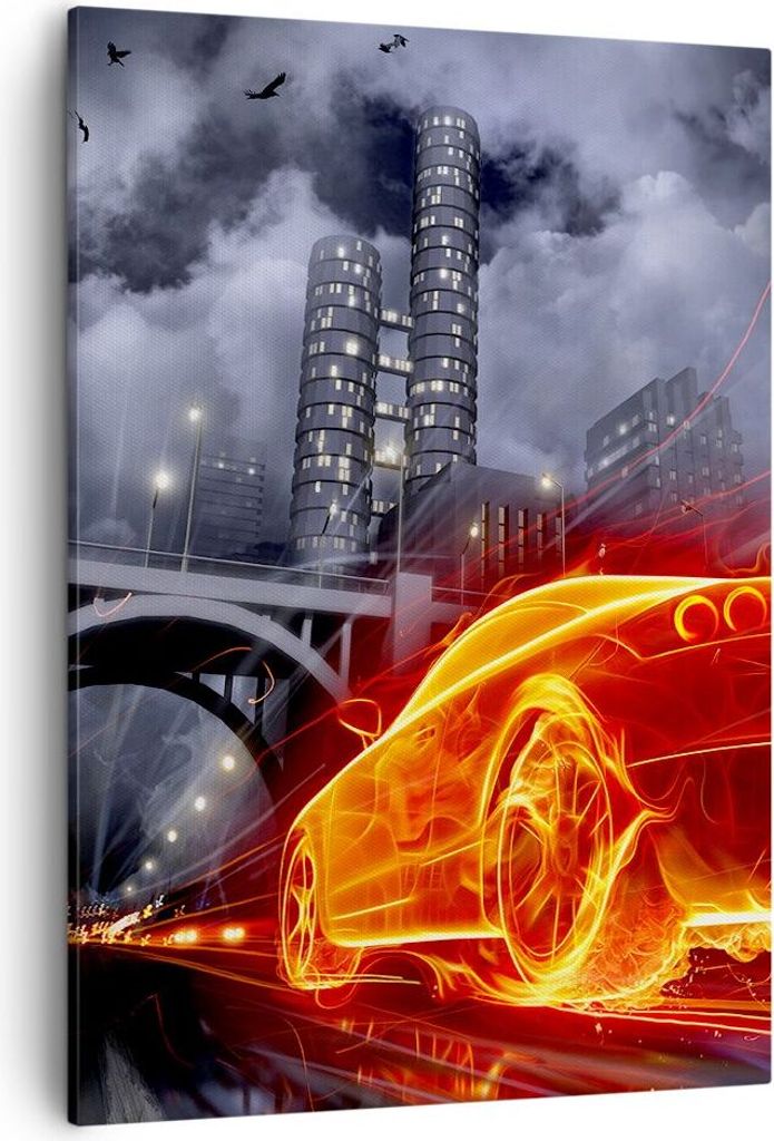 Bild auf Leinwand - Leinwandbild - Einteilig - Auto Flammen Räder - 50x70cm - Wand Bild - Wanddeko - Wandbilder - Leinwanddruck - Wanddekoration -...