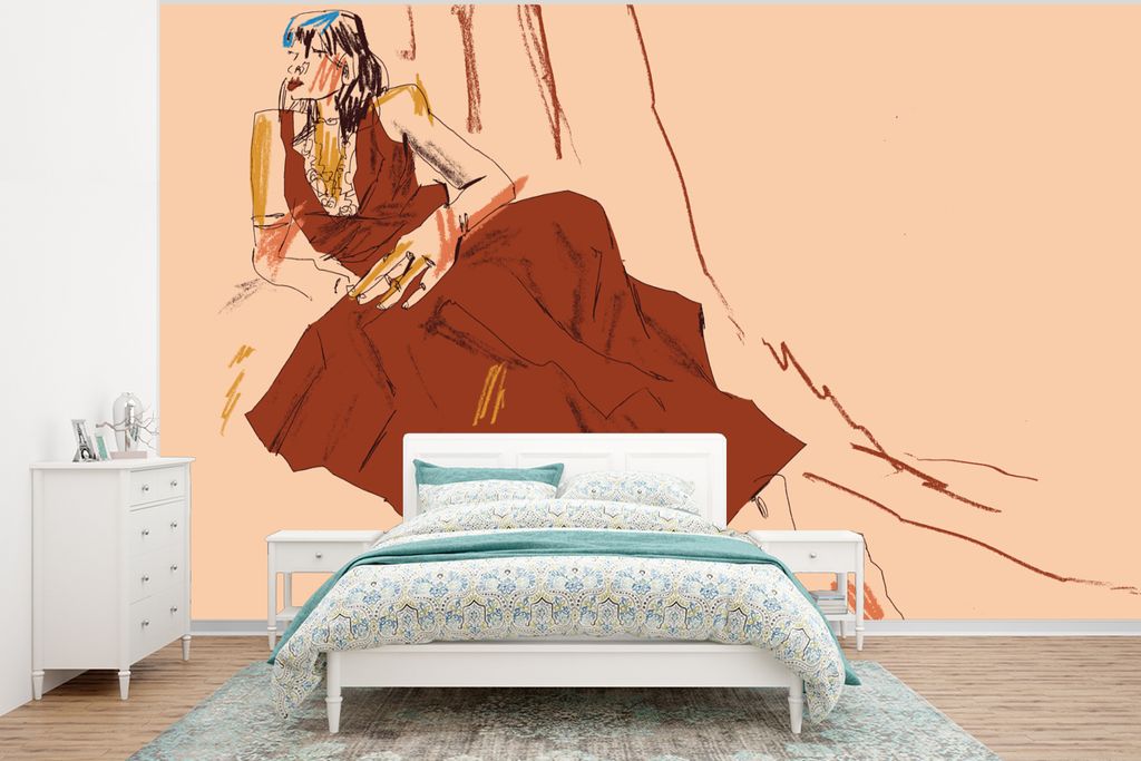 MuchoWow Fototapete für Wohnzimmer oder Schlafzimmer Wandtapete Vinyl Motivtapete Frau - Abstrakt - Porträt - Kunst - 350x260 cm - Wohnzimmer-T...