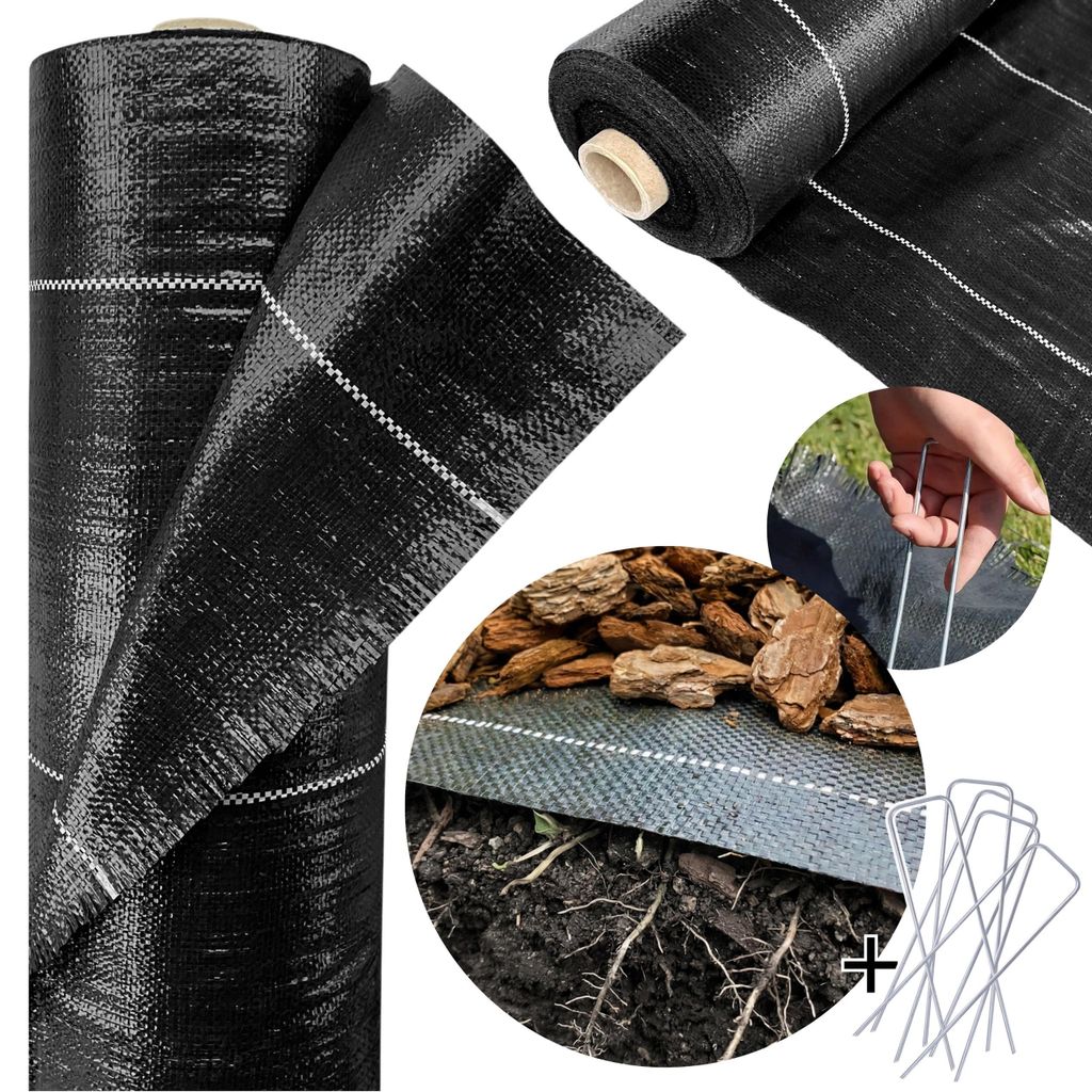 Agrotextil, schwarzes Agrogewebe UV POLEN 1,6m 90 g/m² Unkrautvlies, dicke Matte + Stahlstifte 30m
