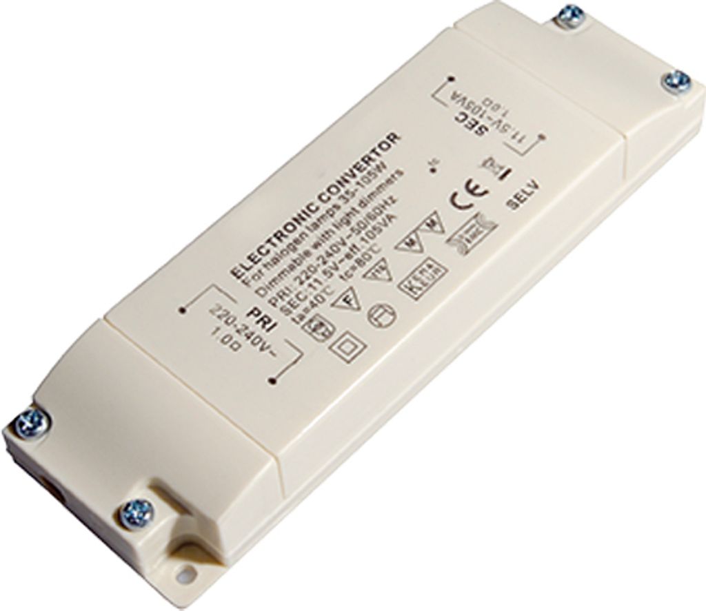 Transmedia - Elektronischer Halogen-Trafo , 130 x 43 x 20 mm SlimLine , 230V auf 12V, 35-105 W ,-mit Überlastungsschutz und Temperatursicherung