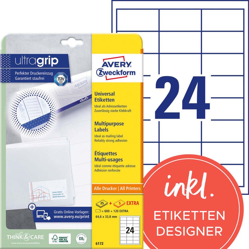Avery Zweckform 6172 Universal-Etiketten, A4 mit ultragrip, Adressaufkleber 64,6 x 33,8 mm, weiß