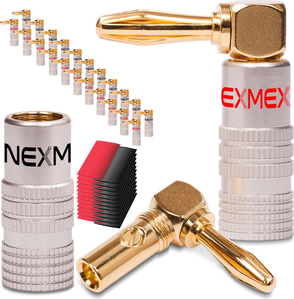 24x High End NEXMEX Winkel Bananenstecker Schrumpfschlauch 24K vergoldet Banana