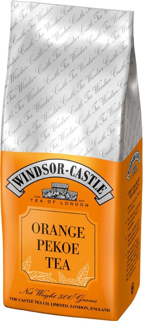A product shot of a bag of Windsor-Castle Orange Pekoe Tea.