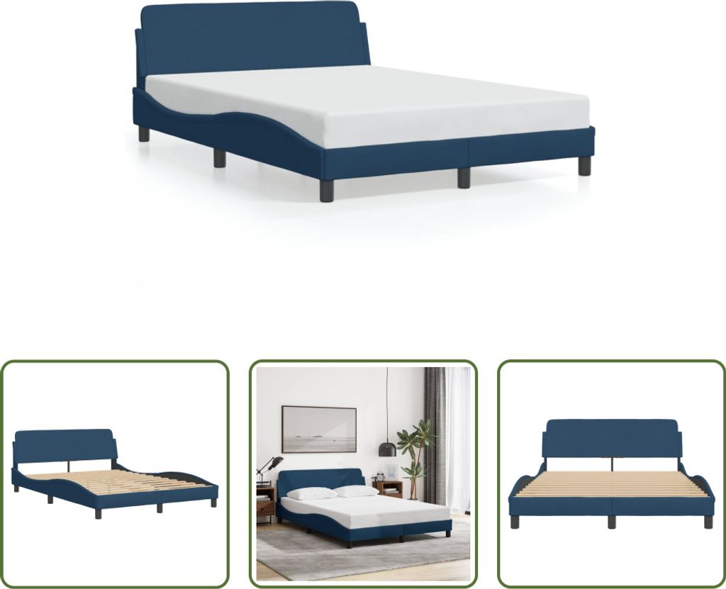 The Living Store Bettgestell mit Kopfteil Blau 140x190 cm Stoff
