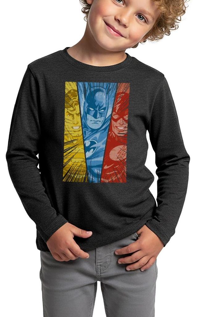 Spreadshirt DC Comics Justice League Superman Batman Flash Kinder Premium Langarmshirt, 98/104 (2 Jahre), Anthrazit meliert