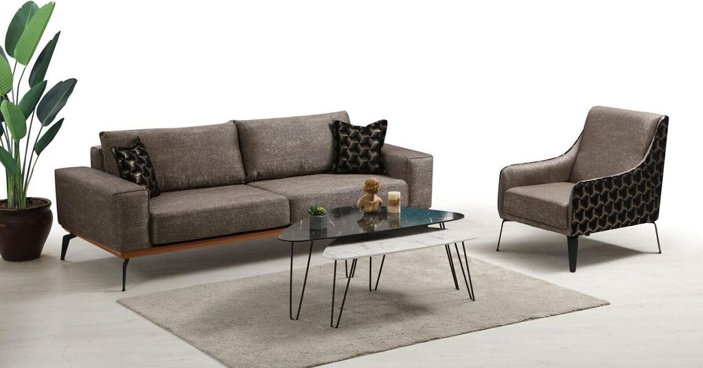 Sofagarnitur Dreisitzer Sessel Polstersofa Grau Couch JVmoebel
