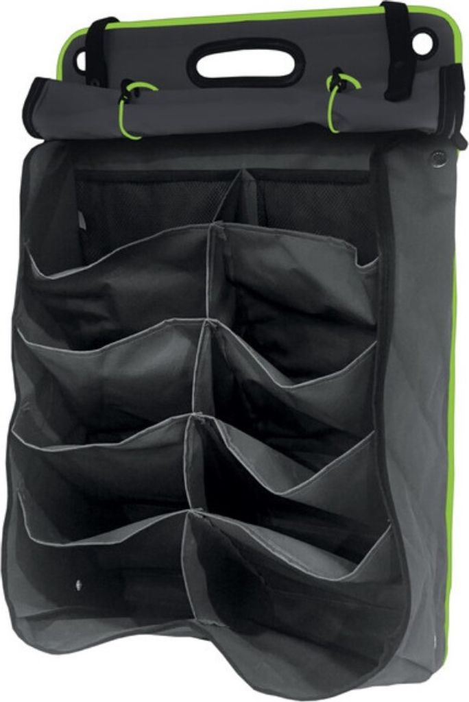 A hanging shoe organizer with multiple compartments.