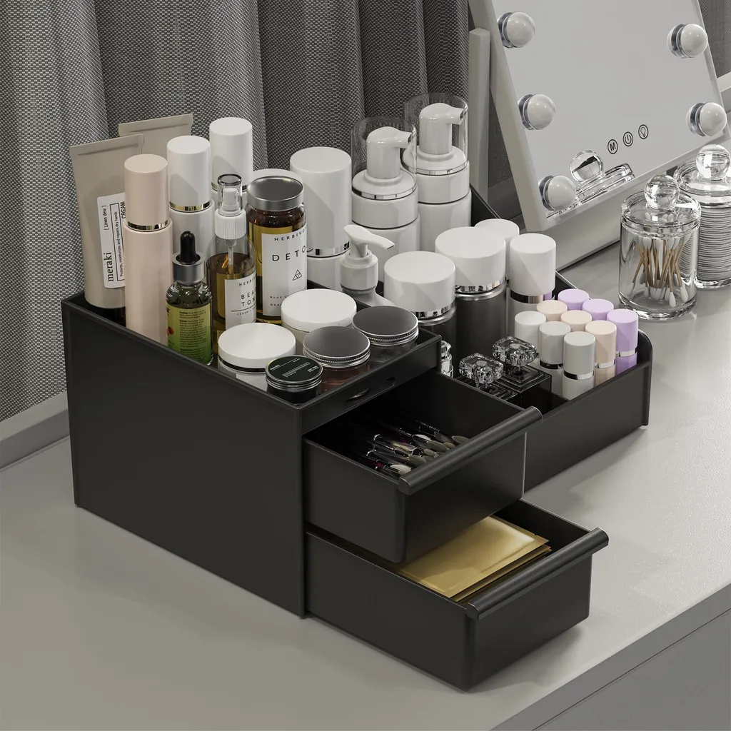Grand rangement maquillage noir, boîte cosmétique à tiroirs empilables
