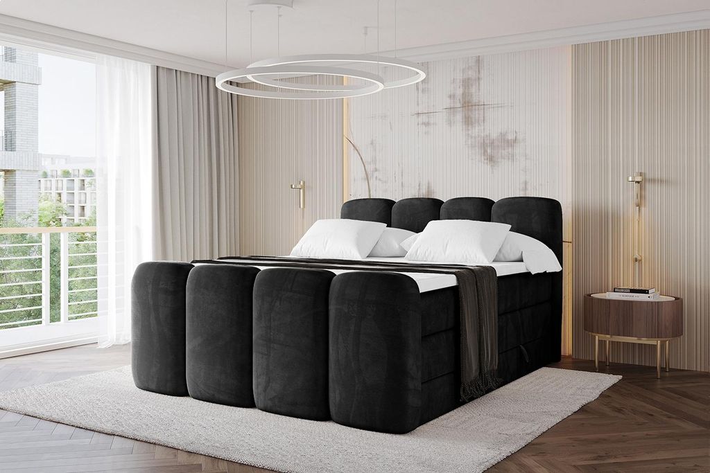 ALTDECOR Boxspringbett mit Fußteil - NINA-Z KING - 140x200 Schwarz Casablanca- Komplett-Set mit H3 und H4 Matratzen und Topper, Polsterbett mit Be...