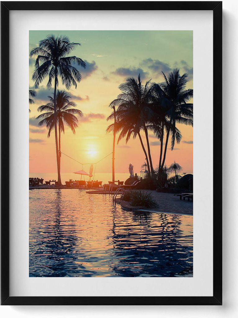 Palmen im Sonnenschein– Wandbild mit Rahmen – Gerahmtes Bild – Wanddekoration – 50x70 cm – Schwarz Rahmen