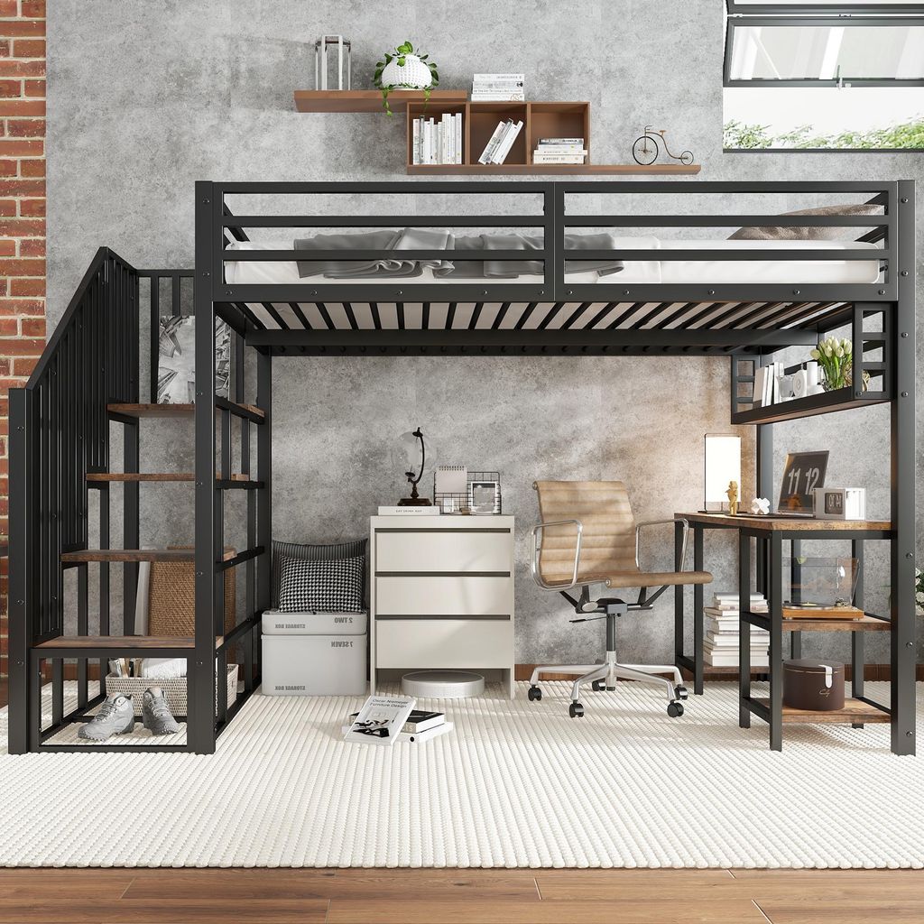 A loft bed with a desk and storage underneath, set up in a room with a concrete wall.