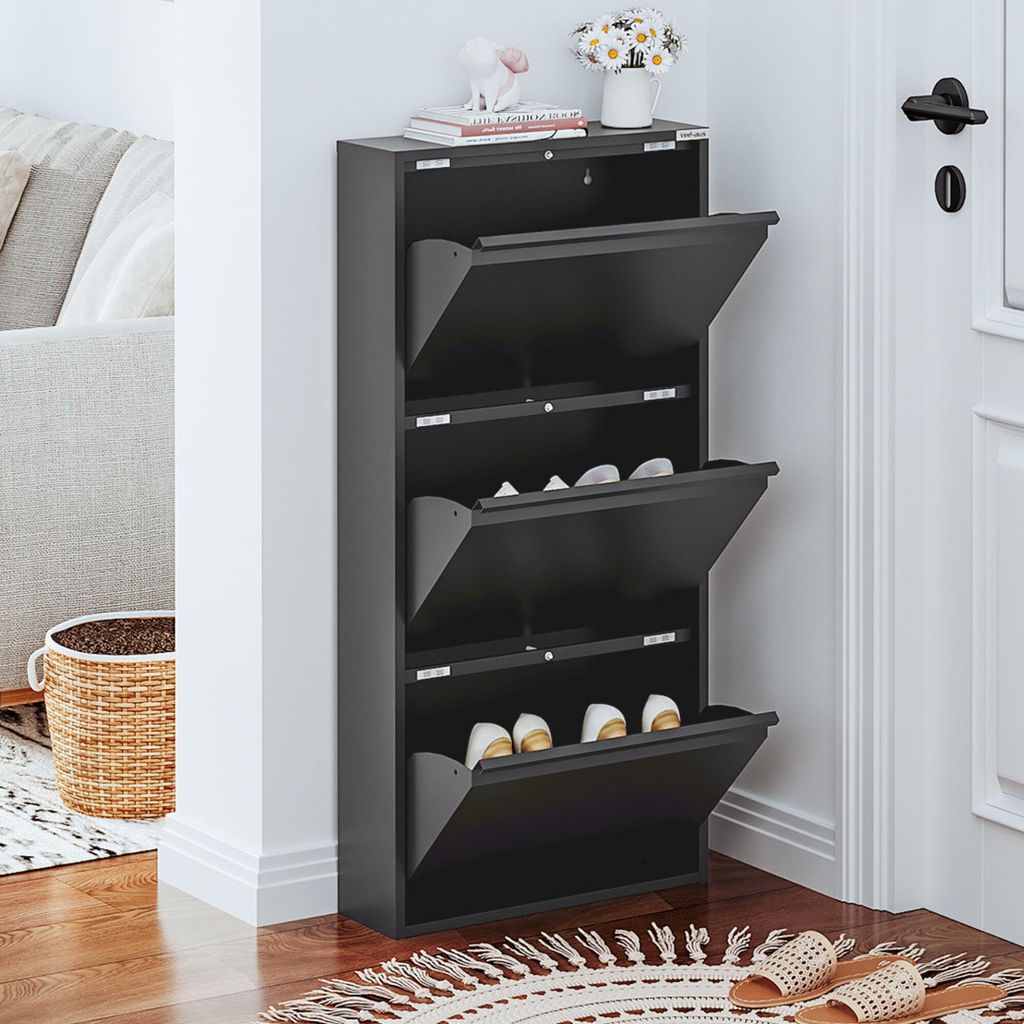 VEEHAUS Schuhregal Hoch Schuhkipper mit Magnetische Abdeckung Metall Montiert Schuhschrank Schmal und Wandmontage (Schwarz, 3 Klappen)