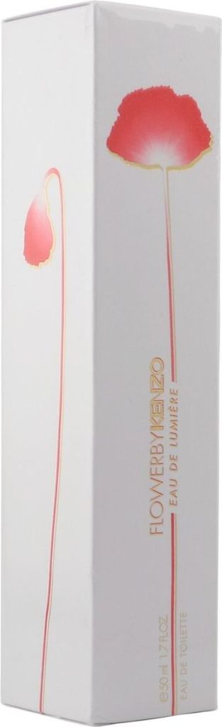 Schmale Verpackung von Flower by Kenzo Eau de Lumière mit stilisierter roter Mohnblume auf weißem Hintergrund und goldfarbener Schrift