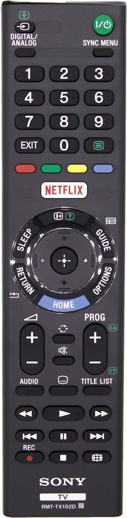 A close-up, front-facing view of a black Sony TV remote control against a black background.