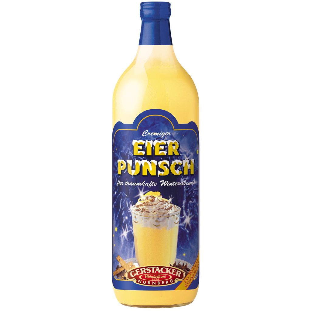 A bottle of Eierpunsch with a label showing a glass of the drink and festive elements.