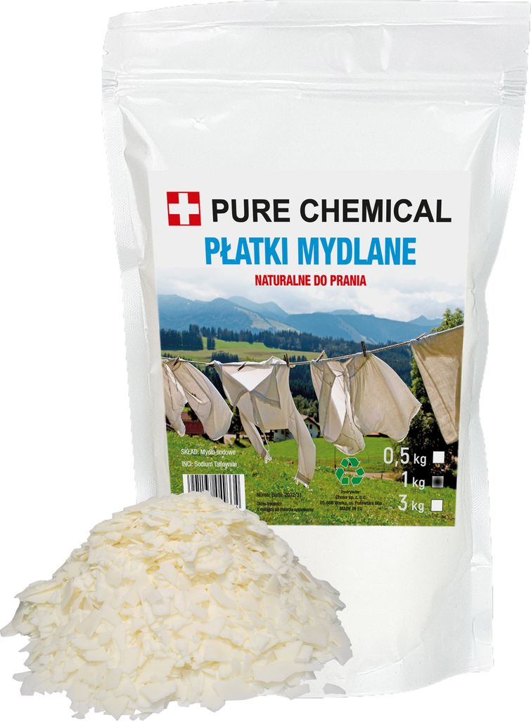 A bag of soap flakes with a landscape image on the packaging.