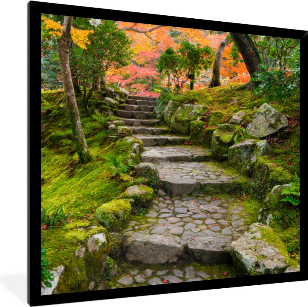 MuchoWow Gerahmtes Poster Natur - Steine - Kröte - Moos - Japanisch 40x40 cm - Poster mit Schwarzem Bilderrahmen Wandposter Rahmen Foto Bilder -...