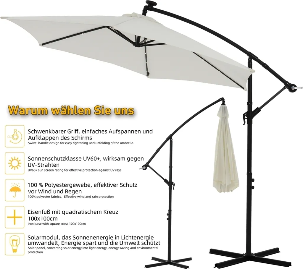 OFFERTA Ombrellone 3,5M LED Solare Beige - Giardino e Terrazzo - 4