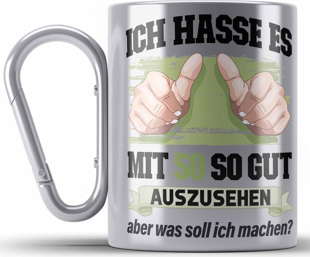Trendation - 50. Geburtstag Edelstahl Tasse Karabiner Frau Männer Geschenk 50er Geschenkidee 50 Mutter Vater Mann Frauen Lustig Geschenke Deko (S...