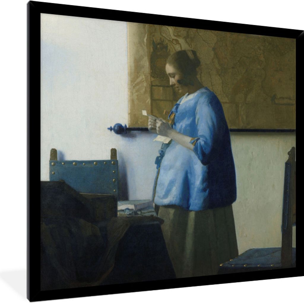 MuchoWow Gerahmtes Poster Frau in Blau liest einen Brief - Gemälde von Johannes Vermeer 40x40 cm - Poster mit Schwarzem Bilderrahmen Wandposter ...
