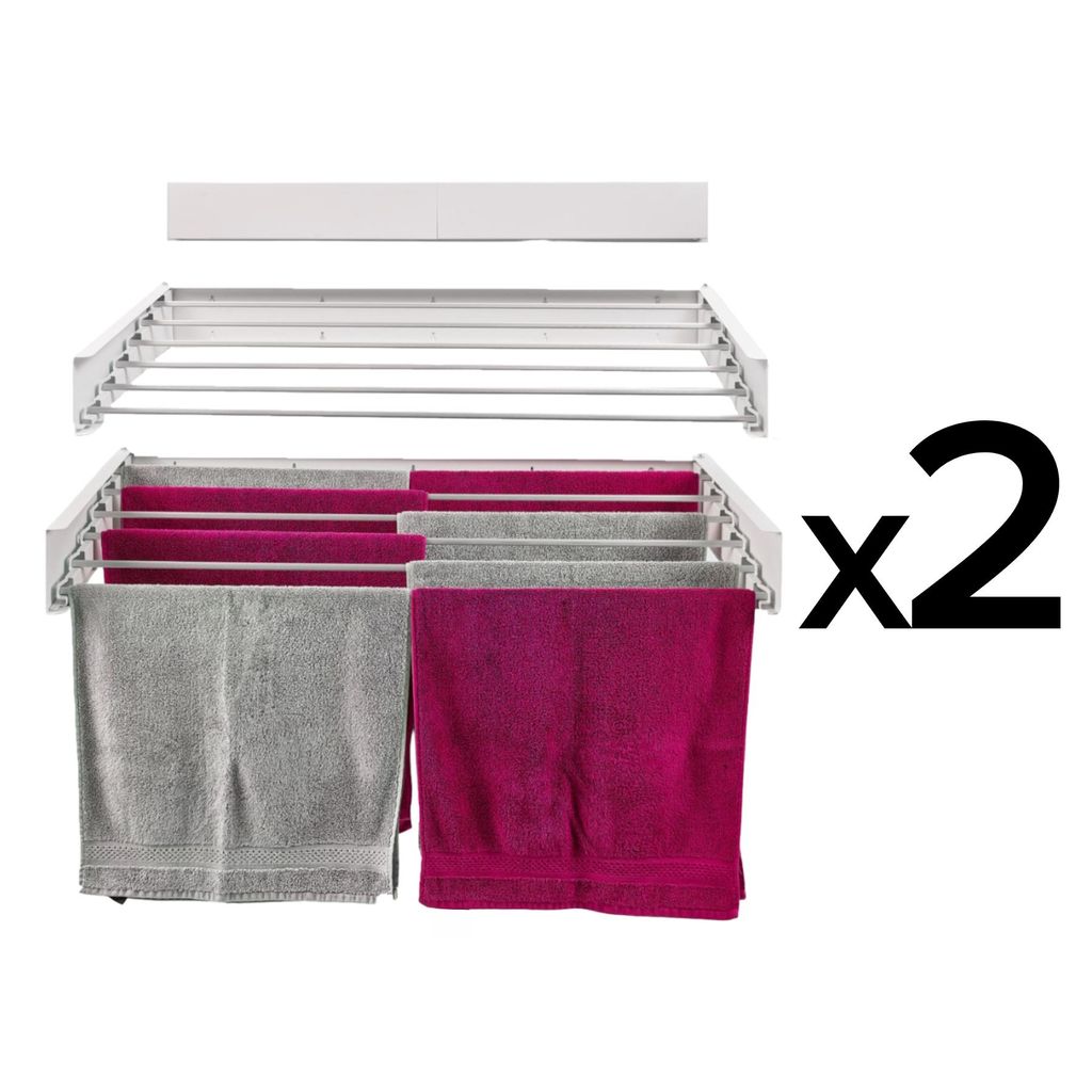 A white wall-mounted drying rack with two towels hanging on it, and a "x2" graphic on the right.