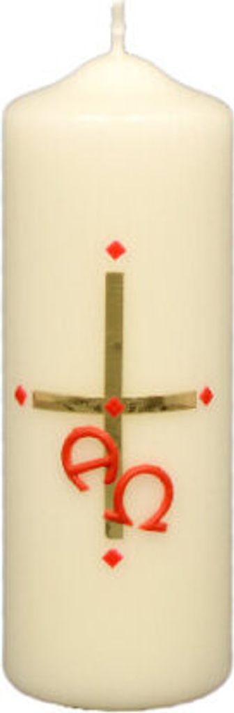 Osterkerze gold. Kreuz, A und O in rot, ohne Jahreszahl 140 x Ø 50 mm