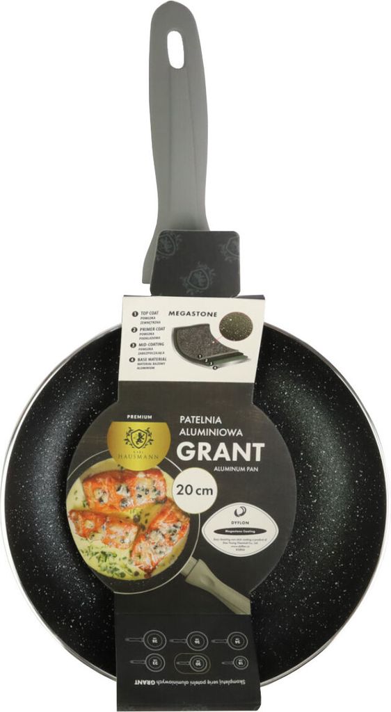 A frying pan with a gray handle and a black speckled surface, displayed against a white background. It has a product tag attached to the handle.