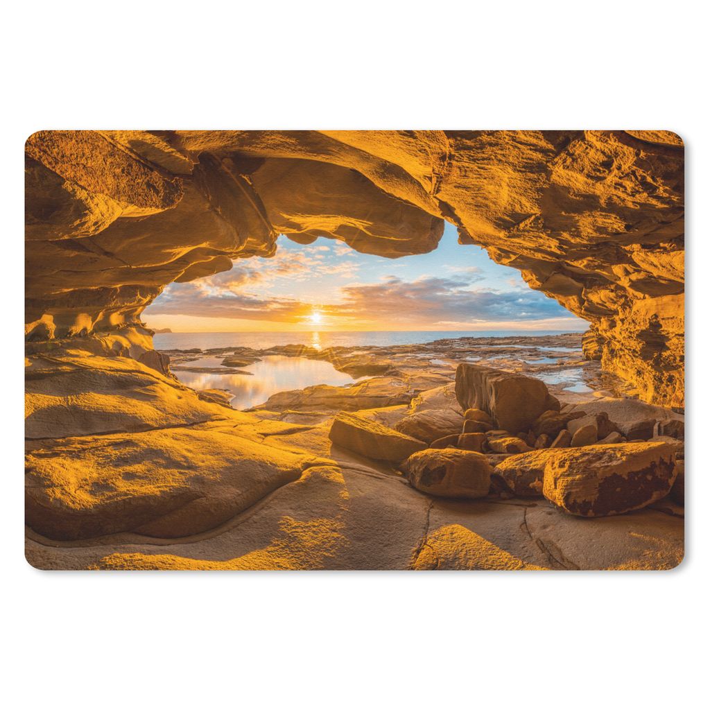 MuchoWow Schreibtischunterlage Höhle - Meer - Horizont - Sonnenuntergang 60x40 cm - XXL Mauspad - Großes Mauspad