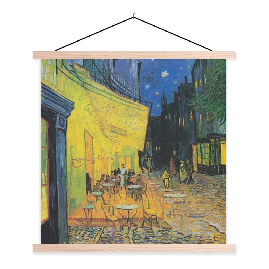 MuchoWow Textilposter Caféterrasse bei Nacht - Vincent van Gogh 60x60 cm mit holzfarbenen Rahmen - Wanddekoration