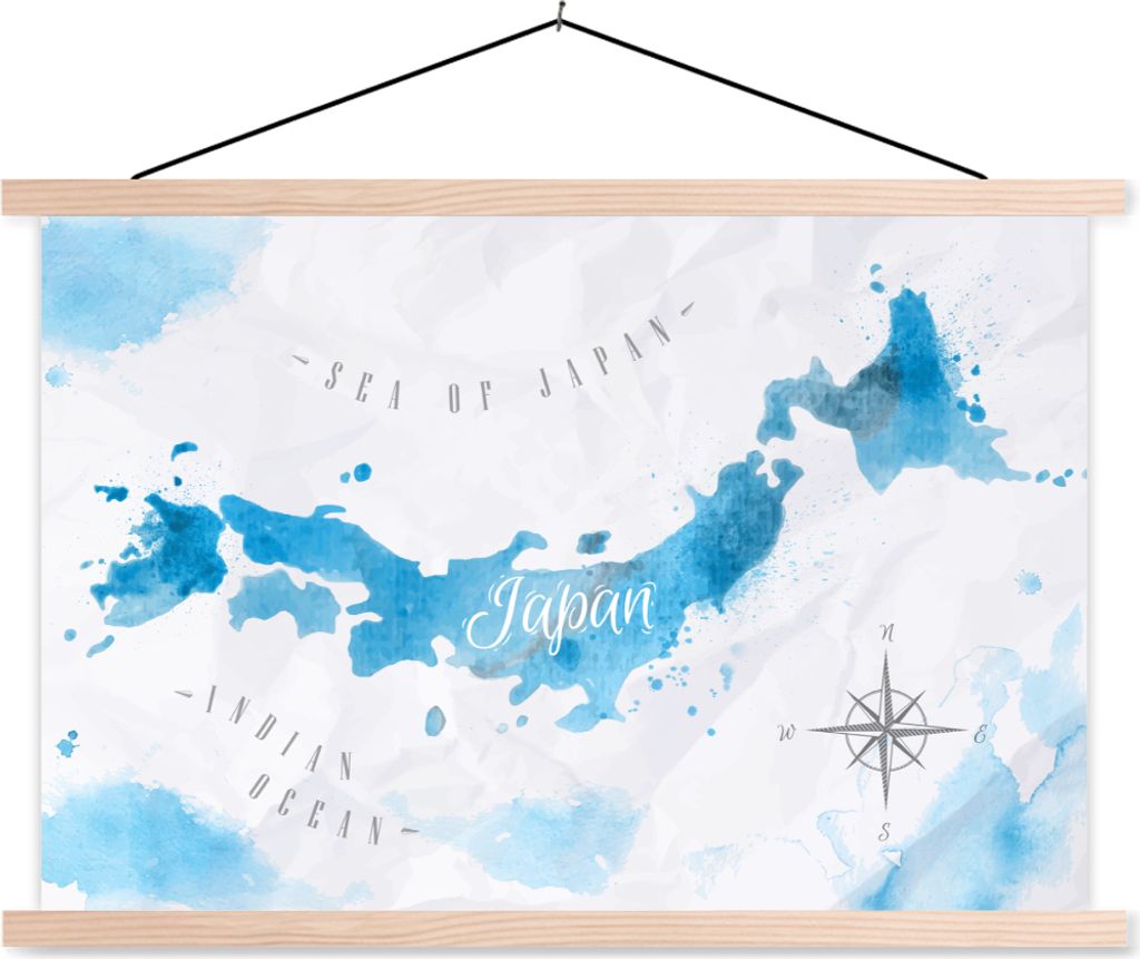 MuchoWow Textilposter Weltkarten - Japan - Aquarell 60x40 cm mit holzfarbenen Rahmen - Bilder