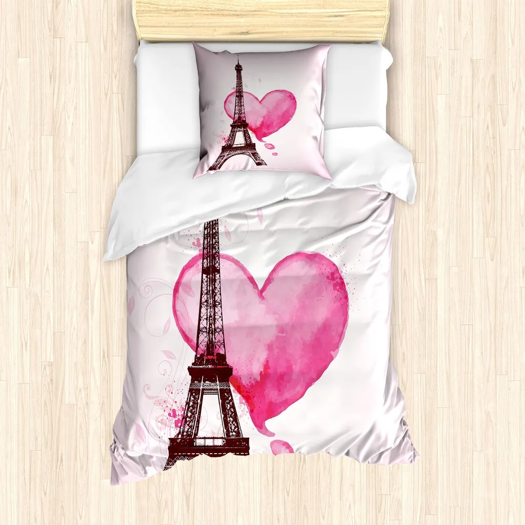 Parure de lit 1 personne Tour Eiffel Romantique Aquarelle 135x200cm