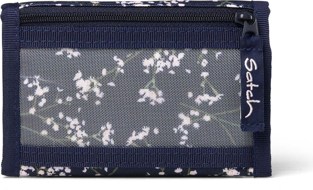 A navy blue wallet with a floral pattern and a transparent window.