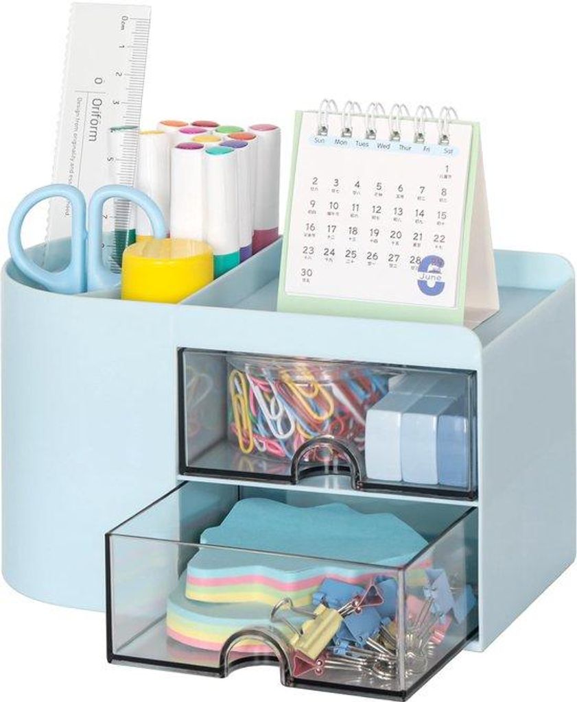 Multifunktioneller Bürohalter mit 2 Lademöglichkeiten, Büro-Organisator mit 3 Kompartimenten, Bürohalter für Kinder, blauer Büroorganizer