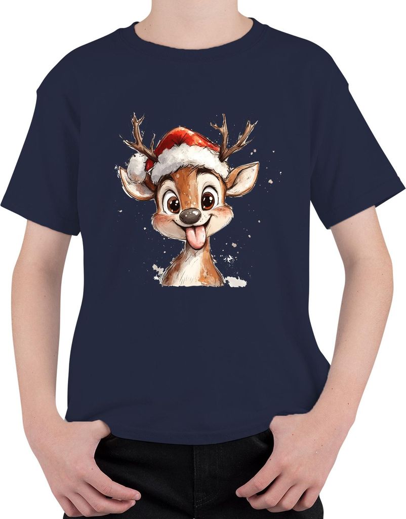 Lustiges Rentier Weihnachten Geschenk Kinder süß Zunge Vintage Uni Kinder T-Shirt, Navy, 128