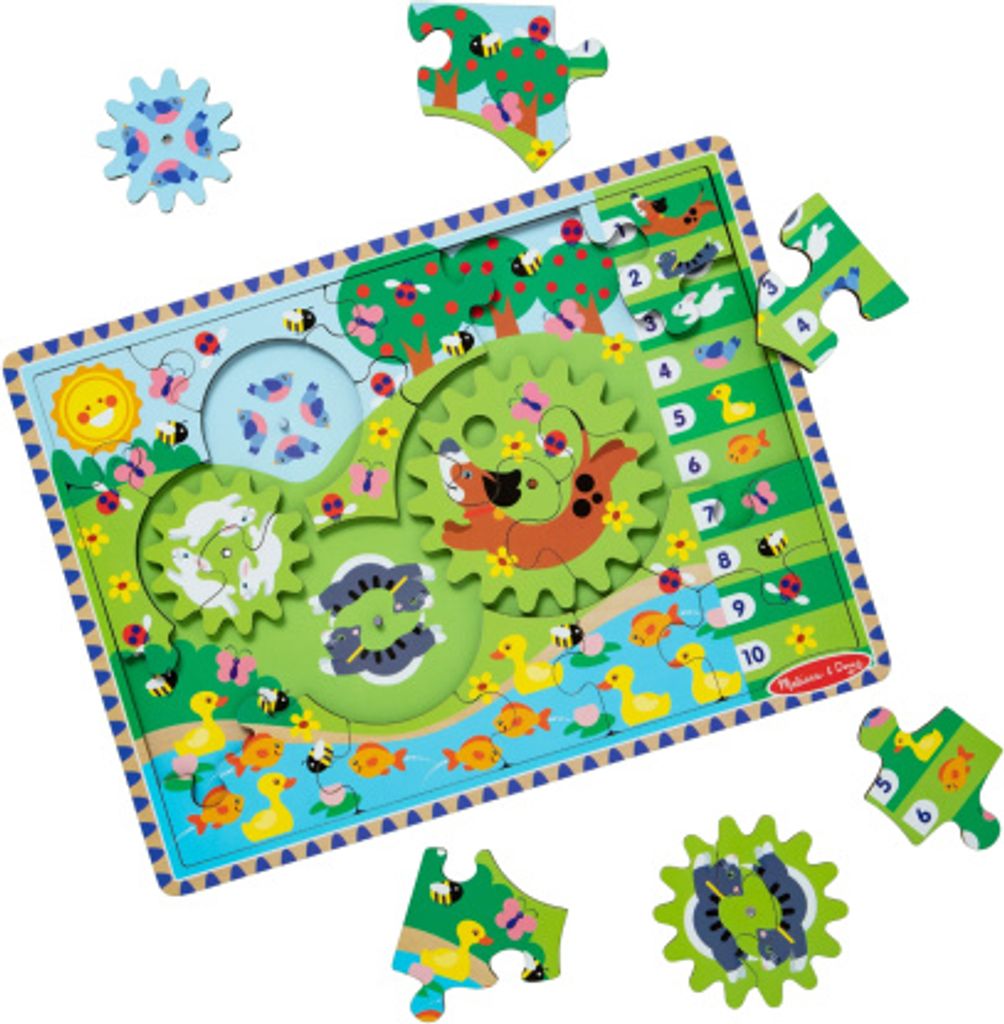 Holzpuzzle mit Zahnrdern zum Erlernen des Zhlens durch das Spielen von Happy Animals