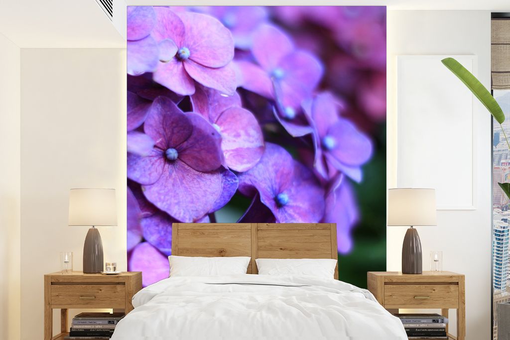 MuchoWow Fototapete für Wohnzimmer oder Schlafzimmer Wandtapete Vinyl Motivtapete Blumen - Lila - Hortensie - Natur - Blütenblätter - 195x260 ...