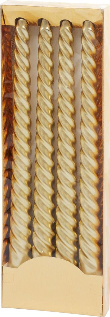 Four gold spiral candles in a box.