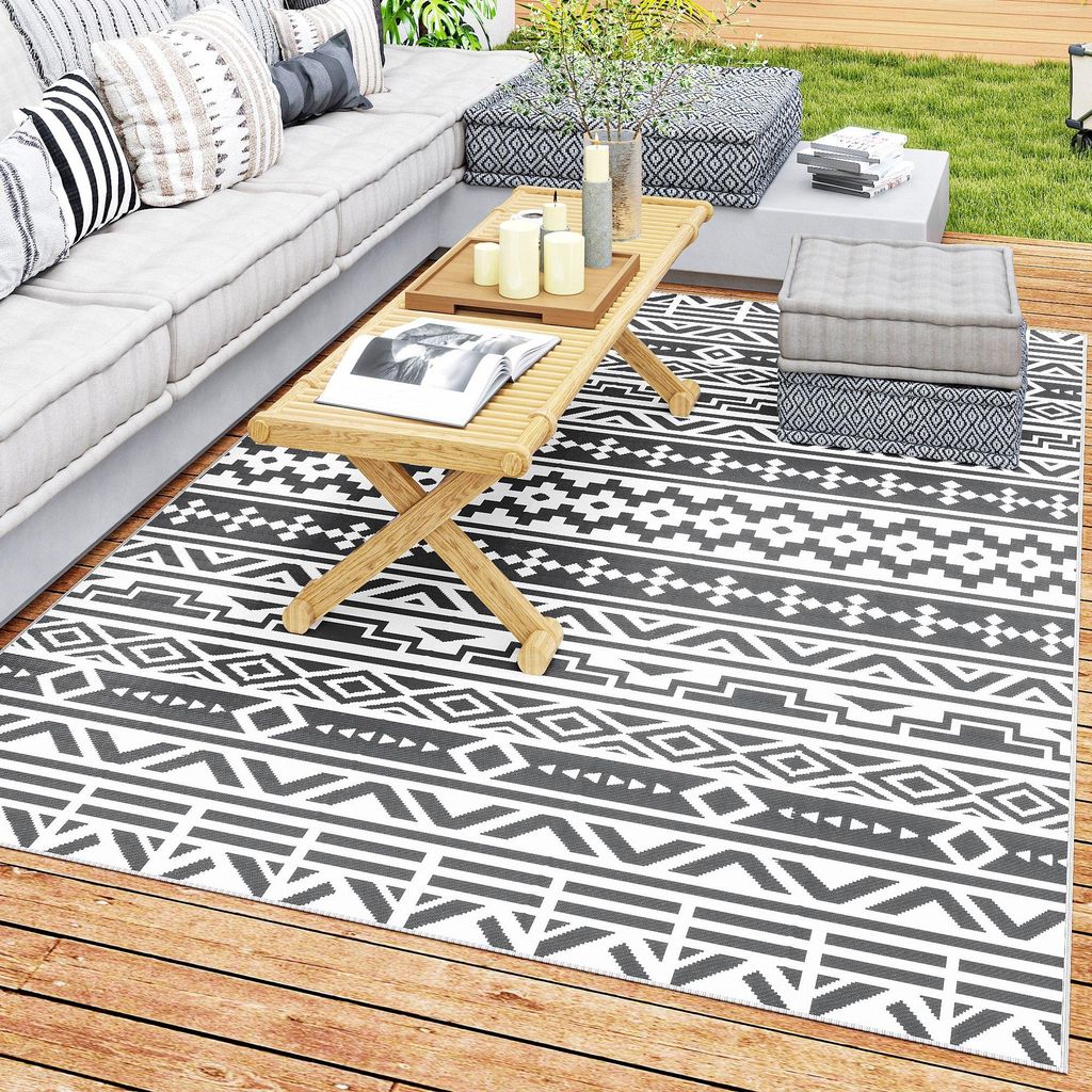 Outdoor Teppich wetterfest beidseitig, Balkonteppich Boho, Outdoorteppich Polypropylen, Dunkelgrau-Weiß | 182 x 274 cm | 1,6 kg | mit Tragetasche