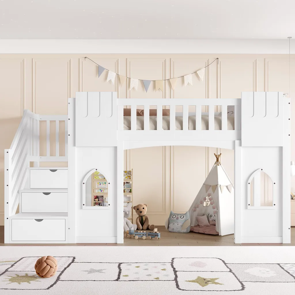 Lit enfant 90x200 blanc avec escalier de rangement et fenêtre bois