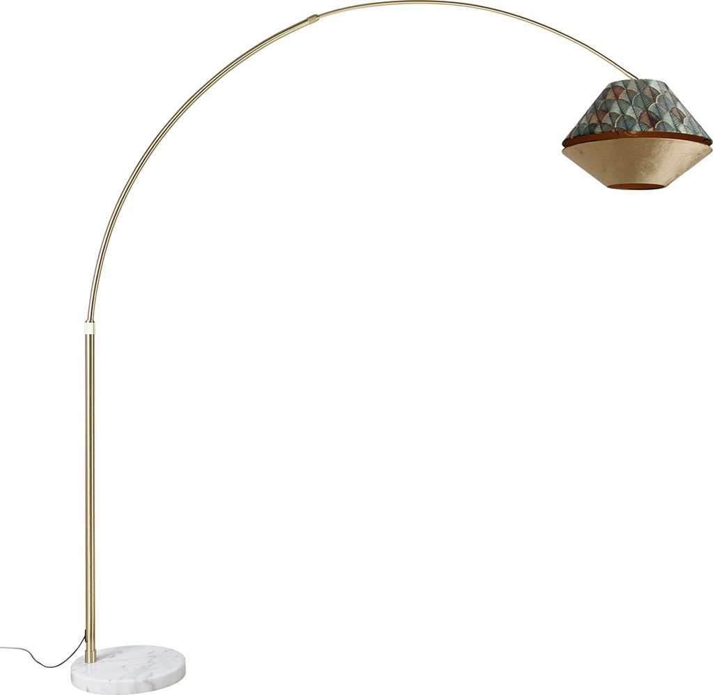 QAZQA - Klassisch I Antik Bogenlampe aus Messing mit doppeltem, weißem Samtschirm, Blattdesign und Beige - XXL I Wohnzimmer I Schlafzimmer - Velou...
