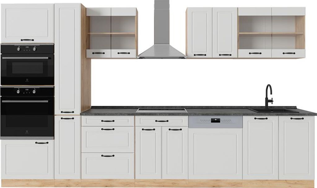 Küchenzeile Vicco R-Line Weiß Landhaus/Goldkraft Eiche 350 cm ohne Arbeitsplatte, Model 53531