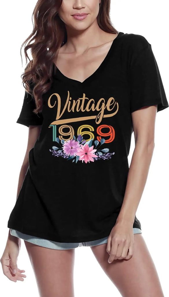 Damen Grafik T-Shirt V-Ausschnitt Jahrgang 1969 – Vintage 1969 – Geschenk 55. Geburtstag Jahrestag 55 Jahre Jubiläum 55 Jährige Frau Jahrgang...