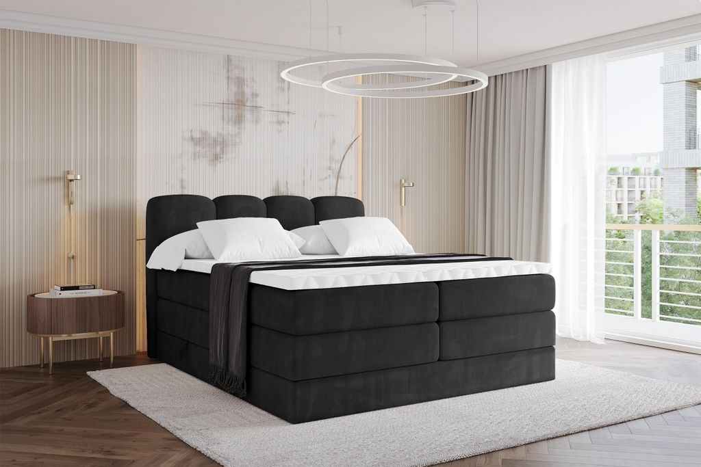 ALTDECOR Boxspringbett - H3/H4 Matratze und Topper - NINA KING - 120x200 - Schwarz - Doppelbett, Boxbett, Polsterbett mit Bettkasten mit Stauraum u...