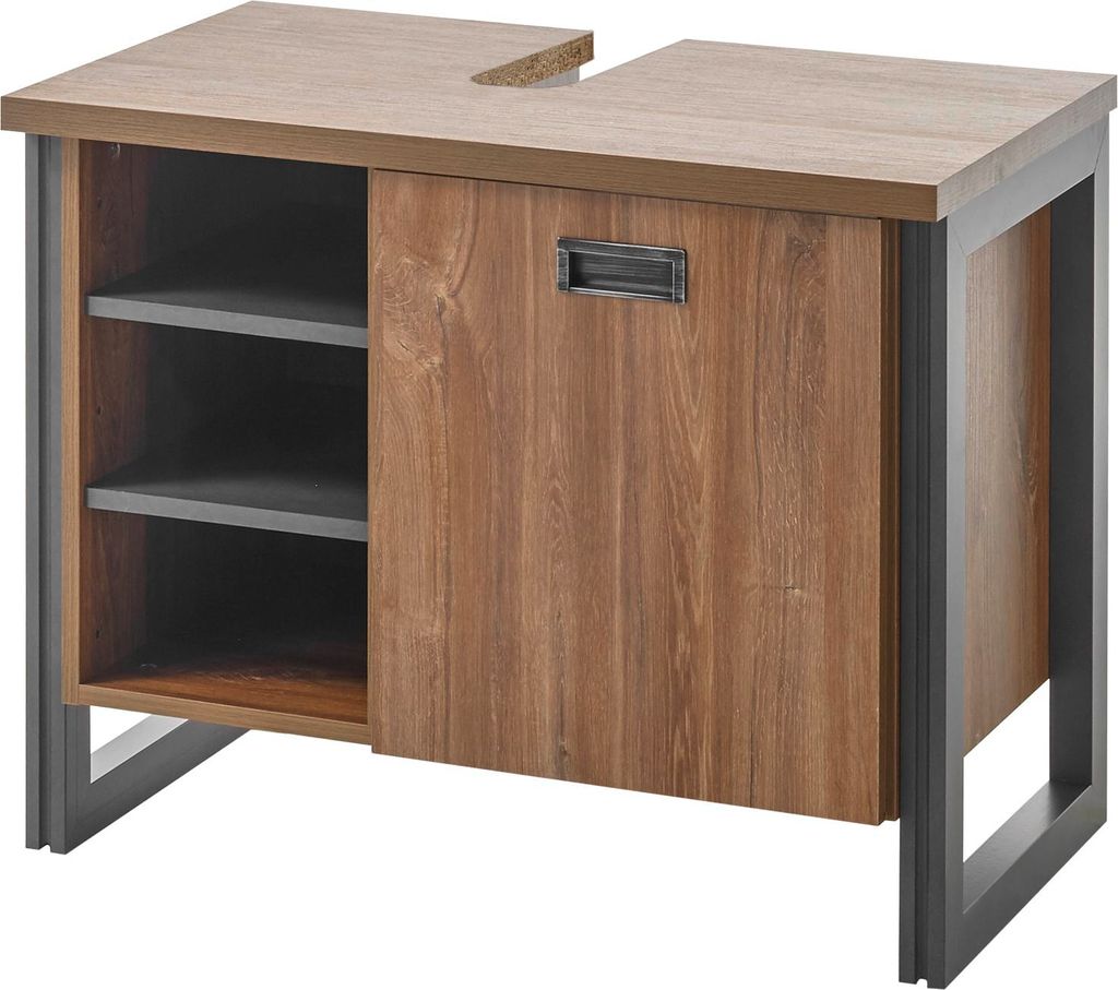 LIVOJO I12 Badezimmer Waschbeckenunterschrank breit mit offenen Fächern 81 x 62 x 40 cm Stirling Oak & Matera