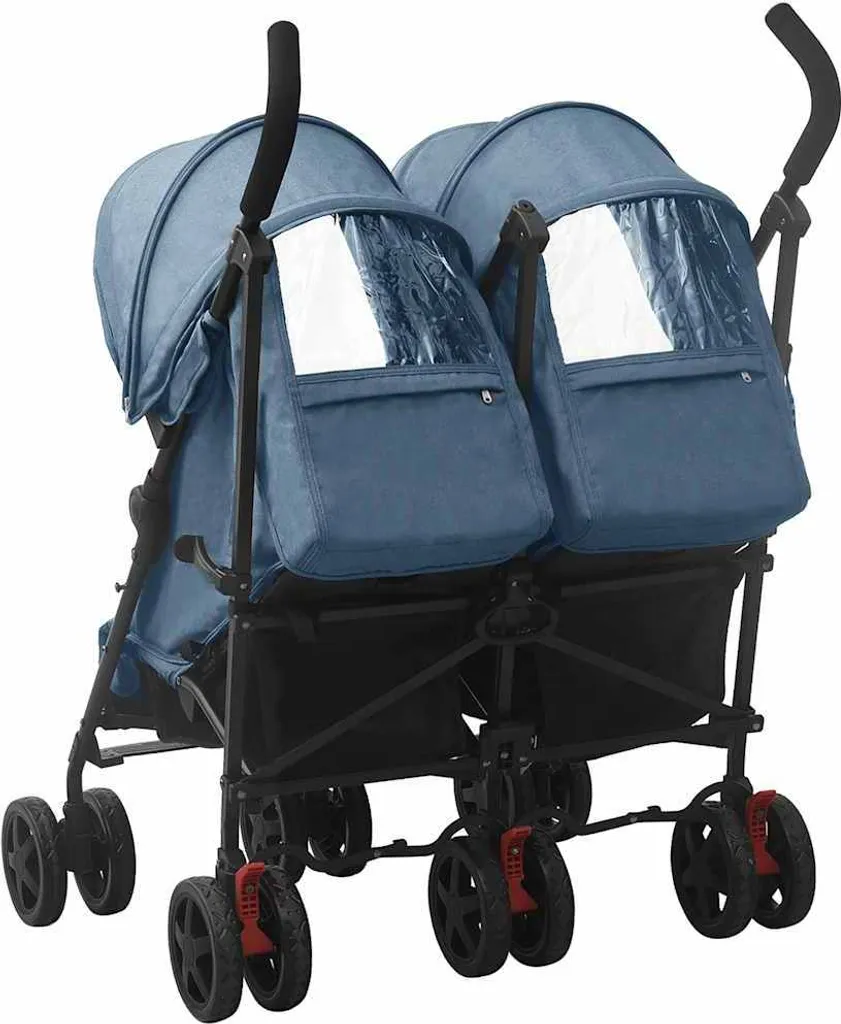Poussette double côte à côte bleu marine avec châssis acier compact