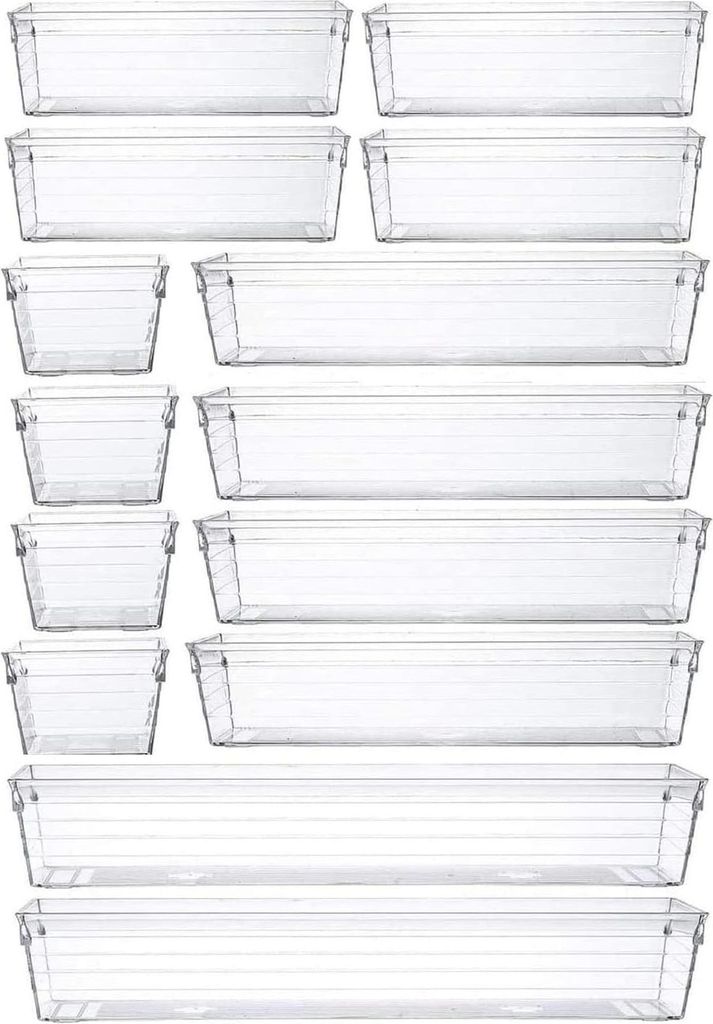 14 Stück Küchenlade Organizer Aufbewahrungsboxen - Make-up Schlafzimmer Büro Schreibtisch - vielseitig Kunststoff klar.