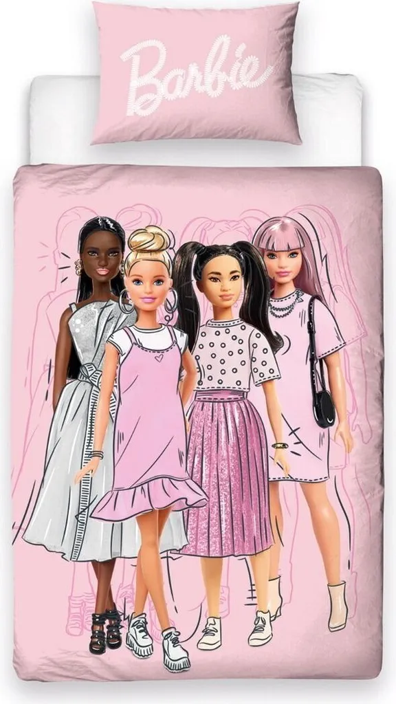 Character World Barbie Parure de lit réversible pour enfant avec housse de couette réversible et taie d'oreiller assortie Rose
