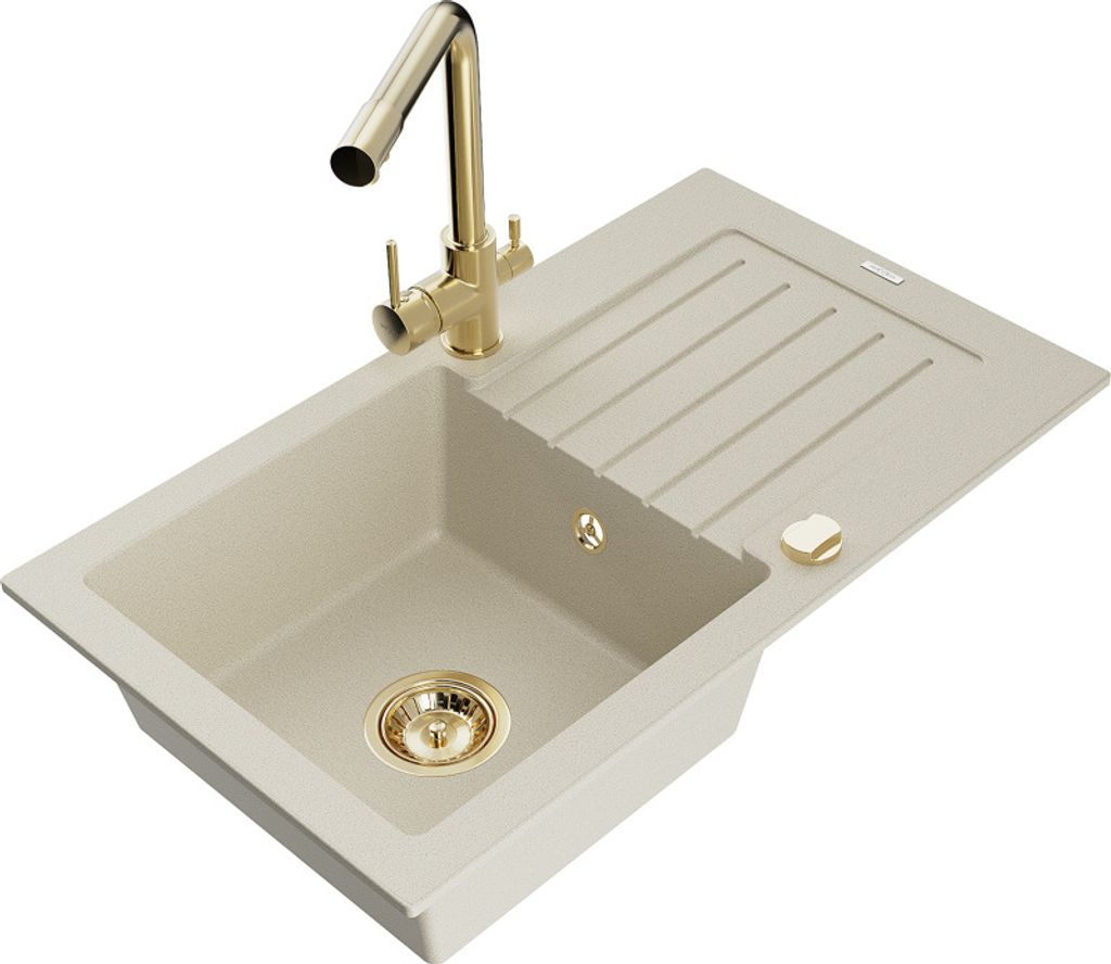 Mexen Pablo 1 Becken-Granitspüle mit Abtropffläche und Mischbatterie Duero, Beige - 6510-69-671600-50