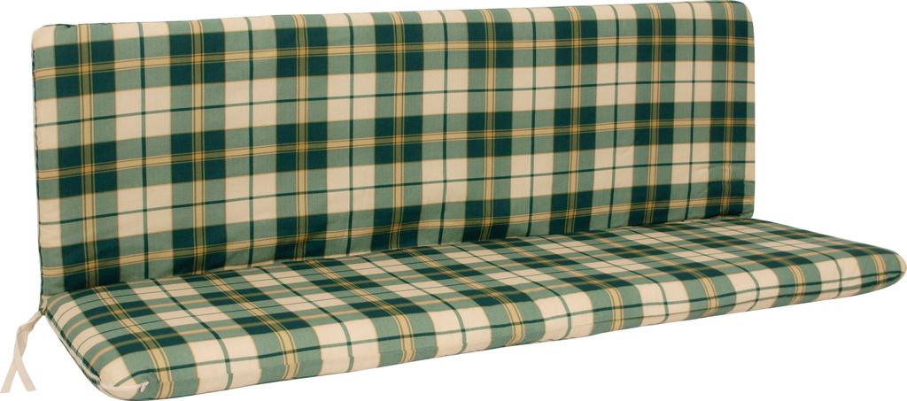 A plaid cushion for a three-seater garden bench.