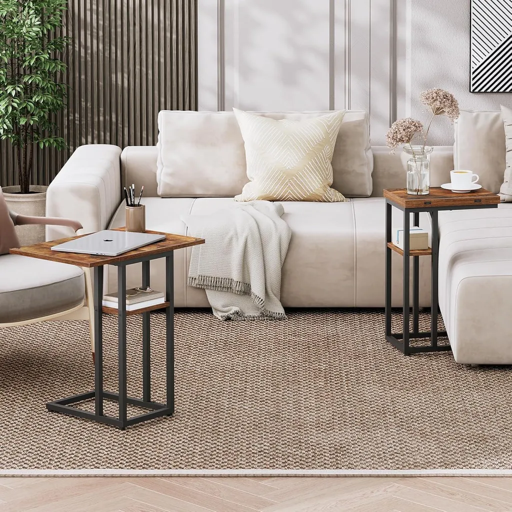 Bout de canapé pliant Table d'appoint en C avec étagère de rangement bois